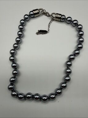 Kissaka Gunmetal Gray Faux Pearl Statement Necklace Signed